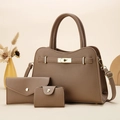 Three-piece vintage coffee brown leather handbag set with matching wallet and card holder - Brown