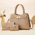 Three-piece beige lychee leather handbag set with golden hardware lock and strap - Khaki