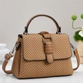 Classic herringbone patterned crossbody handbag with brown leather trim and metal ring detail - Khaki/Earth Yellow
