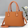 Brown woven texture crossbody pillow bag with double handles and gold hardware - Brown