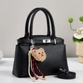Classic black litchi pattern leather tote bag with silver lock and plush bear charm - Black