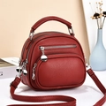 Detail view of burgundy pebble leather mini bag with silver hardware and zipper pockets - Burgundy