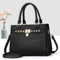 Chic black litchi pattern leather handbag with gold studs and detachable shoulder strap - Black