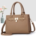 Brown lychee grain leather crossbody handbag for women with gold clasp and twin handles - Khaki