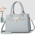 Minimalist light grey leather tote bag with gold studs and padlock decoration - Blue