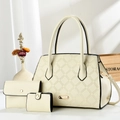 Detailed macro view of a 3-piece beige tote bag set with textured geometric patterns - Off White