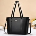 Classic black PU leather tote bag with long handles and a gold logo for office commute - Black