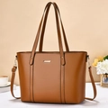Classic brown leather tote bag with gold logo and long shoulder straps for women - Khaki/Earth Yellow