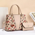 Detail of beige printed tote bag set with cherry motifs and matching envelope wallet - Khaki