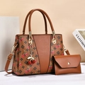 Large capacity brown tote bag with cherry print and matching wallet set for women - Earthy Yellow