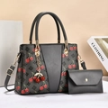 Winter floral large tote bag with red cherry print and matching clutch set in dark grey - Gray