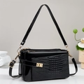 Fashion black shoulder bag with glossy patent leather and crocodile texture details - Black