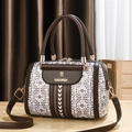 Brown leather Boston bag with geometric pattern and adjustable strap for women - Geometric Print Style (Style 1) / Coffee
