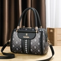 Boston style dark grey and black patterned handbag with adjustable strap and gold hardware - Letter Monogram Style (Style 2) / Black