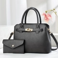 Minimalist black leather Boston handbag set with matching wallet and gold metal hardware - Gray