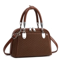 Classic dark brown woven leather handbag with silver hardware and shoulder strap - Coffee