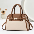 Classic brown and beige two-tone leather handbag with golden bow detail and top handles - Off-white