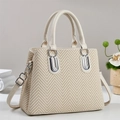 Chic herringbone weave tote bag with cream leather trim and adjustable shoulder strap - Off-white