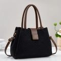 Elegant large capacity black textured handbag with brown leather straps and gold buckles - Black
