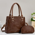 Dark brown retro PU leather tote and clutch set with gold hardware for women - Brown