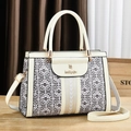 Elegant cream white structured handbag with black geometric pattern and long strap - Cream White / Style 1 (Monogram Print)