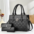 Three-piece black lychee textured handbag set with diamond quilting and gold metal buckle - Black