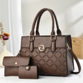 Brown lychee leather handbag set with tote, wallet, card holder and gold G-buckle - Coffee