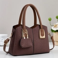 Borsa tote in pelle marrone e tessuto a spina di pesce con manici e tracolla - Rosso Marrone