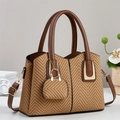 Chic herringbone weave tote bag with brown leather trim and mini pouch accessory - Khaki