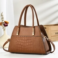 Brown embossed crocodile leather tote bag with top handle and detachable shoulder strap - Earthy Yellow