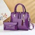 Glossy purple crocodile embossed tote bag set with wallet and cat tassel pendant - Purple
