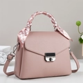 Pink lychee texture leather handbag with silver lock and decorative plaid silk scarf - Pink