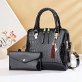 Fashionable black faux crocodile skin 2-piece tote bag set with elegant cat tassel pendant - Black
