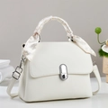 White lychee leather tote bag with silk scarf handle and metal clasp on neutral background - Off White