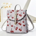 Fashionable cherry print backpack in grey faux leather with large capacity and buckle detail - Gray
