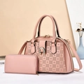 Detail der rosafarbenen Boston-Handtasche mit geometrischer Textur und goldener Hufeisenschnalle - Rosa