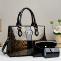 Three-piece black crocodile pattern tote bag set with elegant gold hardware and shoulder strap - Gold