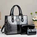 Three-piece women's tote bag set with black snake pattern and gold horseshoe logo - Gray