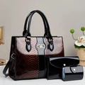 3-teiliges Luxus-Set mit Schlangenprägung-Tote und glänzenden schwarzen Clutch-Taschen - Erdgelb