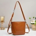 Brown patent leather bucket bag with chain strap and U-shaped stitching decoration - Khaki/Earth Yellow