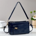 Dark blue patent leather shoulder bag with crocodile pattern and gold twist lock clasp - Blue