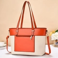 Two-tone orange leather and white woven tote bag with adjustable strap and front zip pocket - Red