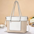 Chic two-tone white leather and straw tote bag for women featuring long shoulder straps - White