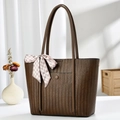 Deep brown woven texture tote bag with stylish geometric silk scarf and shoulder strap - Brown