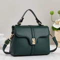 Dark green lychee leather handbag with golden metal lock and adjustable shoulder strap - Green
