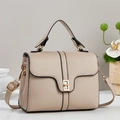Elegant beige top handle crossbody bag with gold twist lock and lychee texture - Khaki