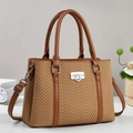 Fashionable herringbone weave tote bag with brown leather handles and silver metal clasp - Khaki/Earth Yellow