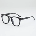 Close-up of black full-rim glasses with rectangular silver metal accents on the frame - Shiny Black Frame Clear Lens