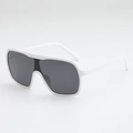 Detail view of white wide-frame sunglasses with dark grey lenses and sleek flat top - White Frame Gray Lens
