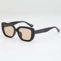 Retro square oversized sunglasses with black frame and brown lenses featuring silver rivets - Black Frame Tea Lens